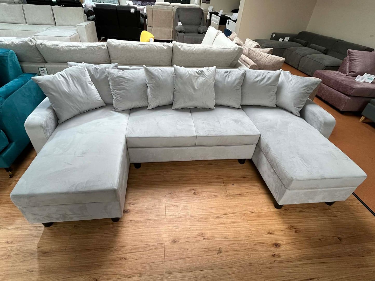 Leslie 5 Seat Light Grey Velvet U Shaped Sofa