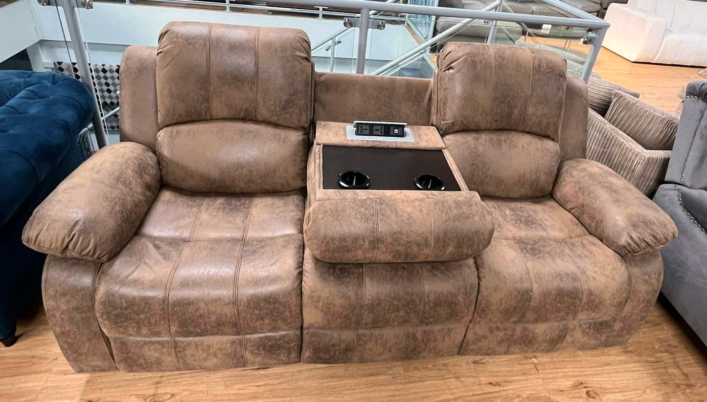Soloman Brown Suede 3 Seater Reclining Sofa with Cup Holders, USB & Plug Points
