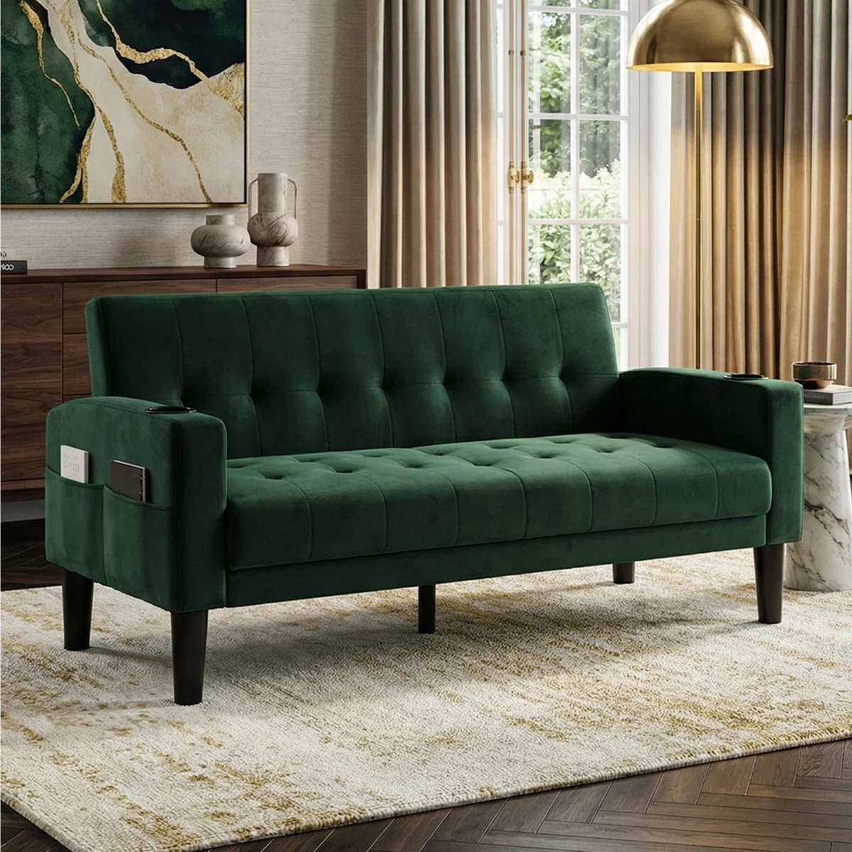 Stacey 2 Seat Green Velvet Sofa with Side Pockets, USB & Cupholders