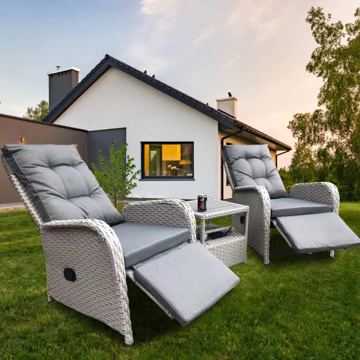 Della Pair of Grey Aluminium Manual Recliner Garden/Conservatory Chairs with Ice Bucket Side Table