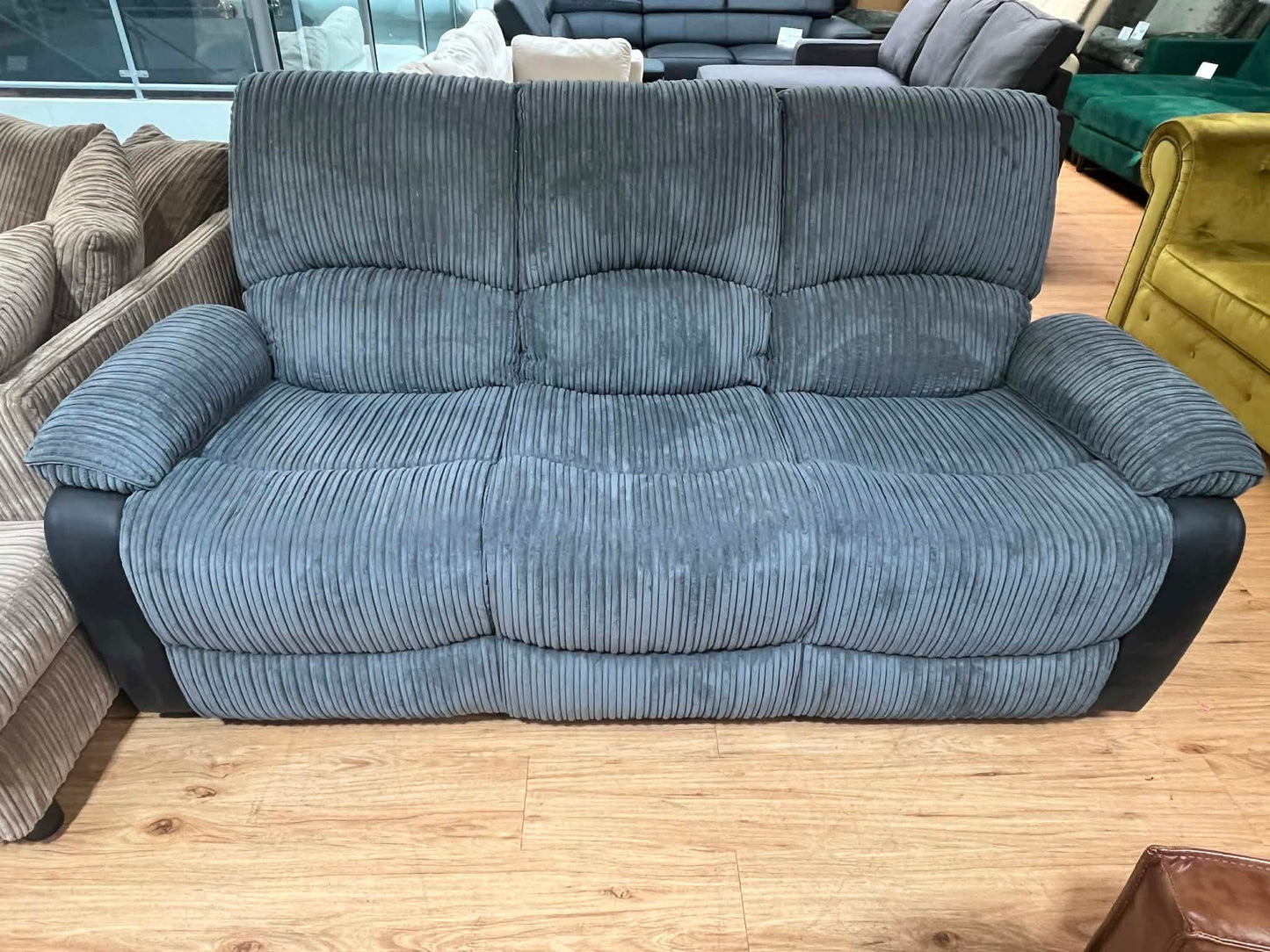 Hardy 3 Seat Grey Jumbo Cord & Black Faux Leather Manual Recliner