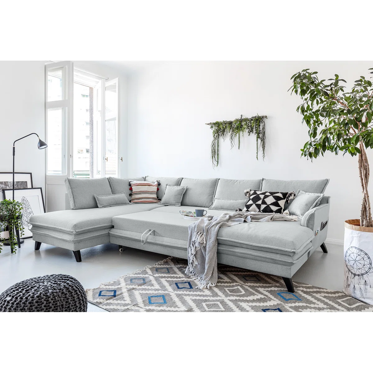 Charles 8 Seat Grey Linen Corner Sofa with Storage Chaise