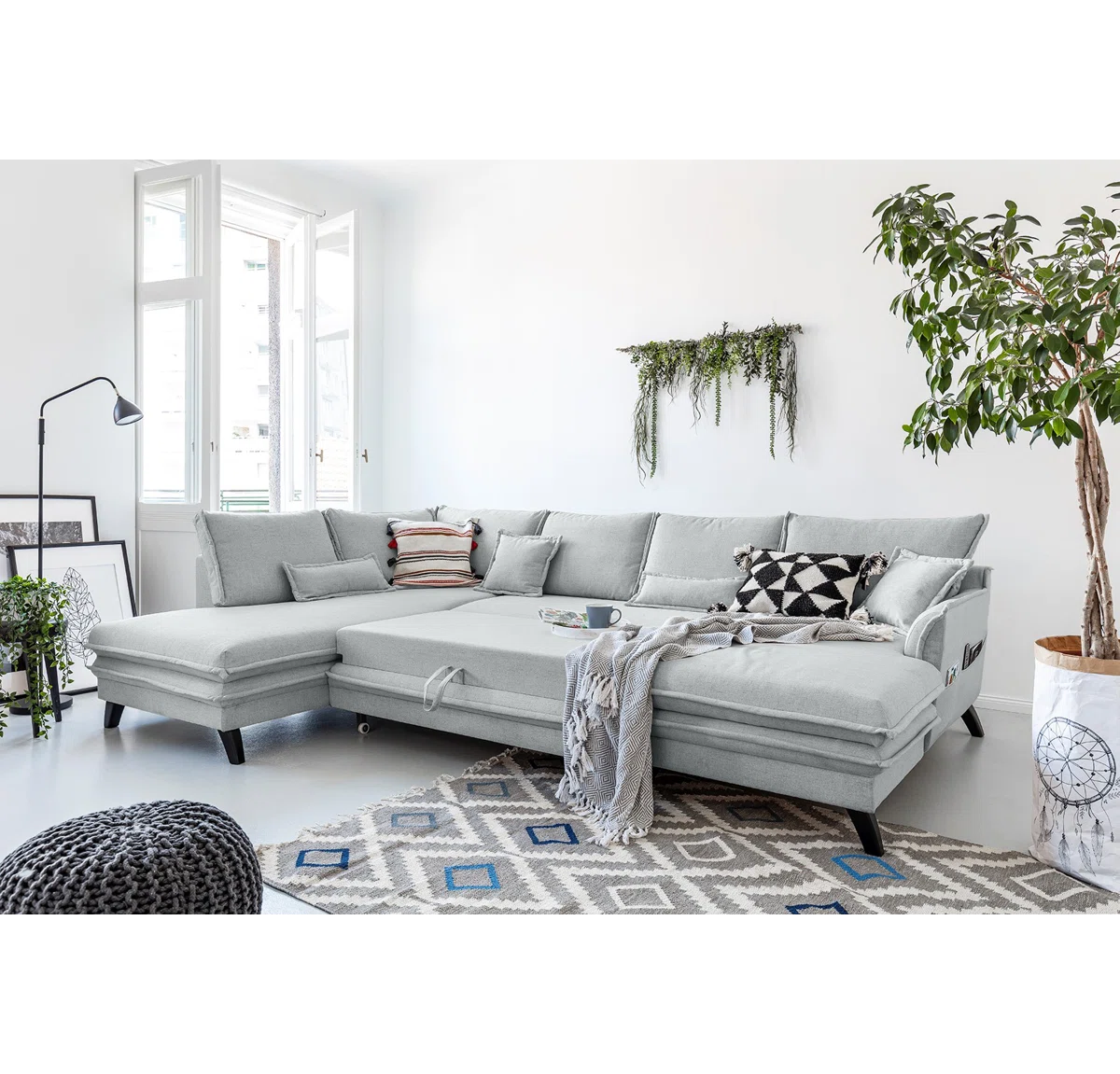 Charles 8 Seat Grey Linen Corner Sofa Bed with Storage Chaise