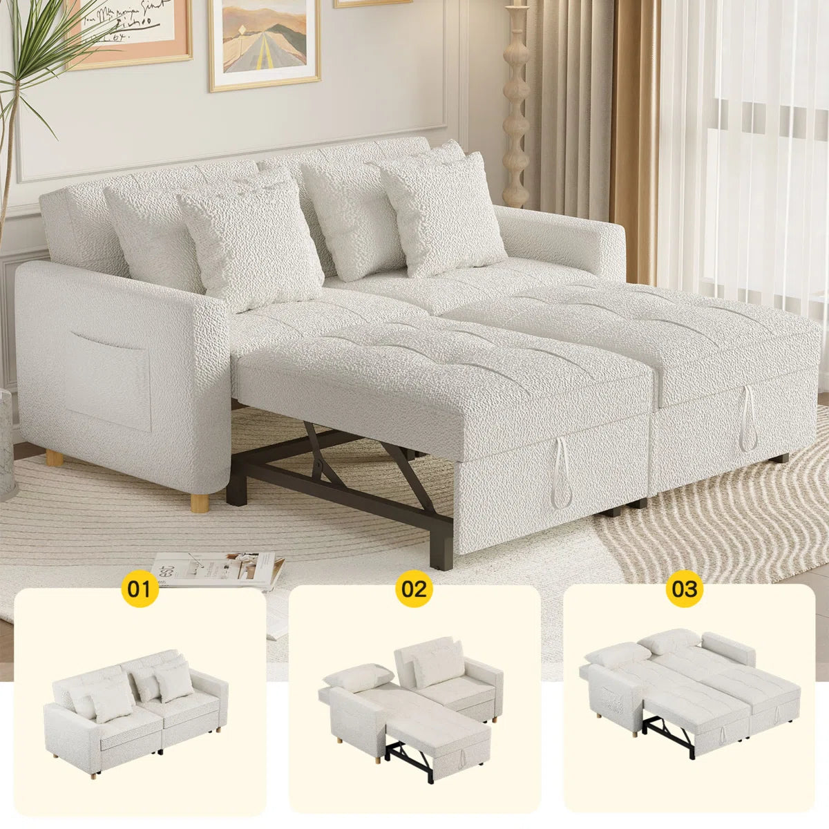 Blanche White Teddy Boucle Pull Out Sofa Bed