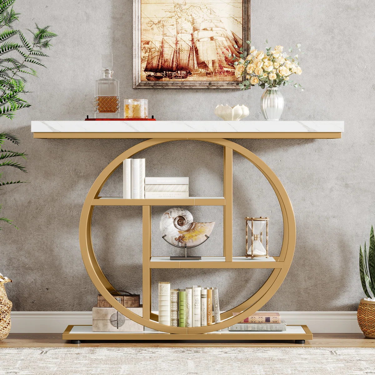 Virtue Faux Marble Console Table with Shelves