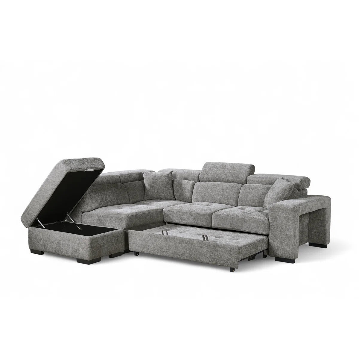 Casper 4 Seat Grey Chenille Sofa Bed with Storage Ottoman and Side Stools