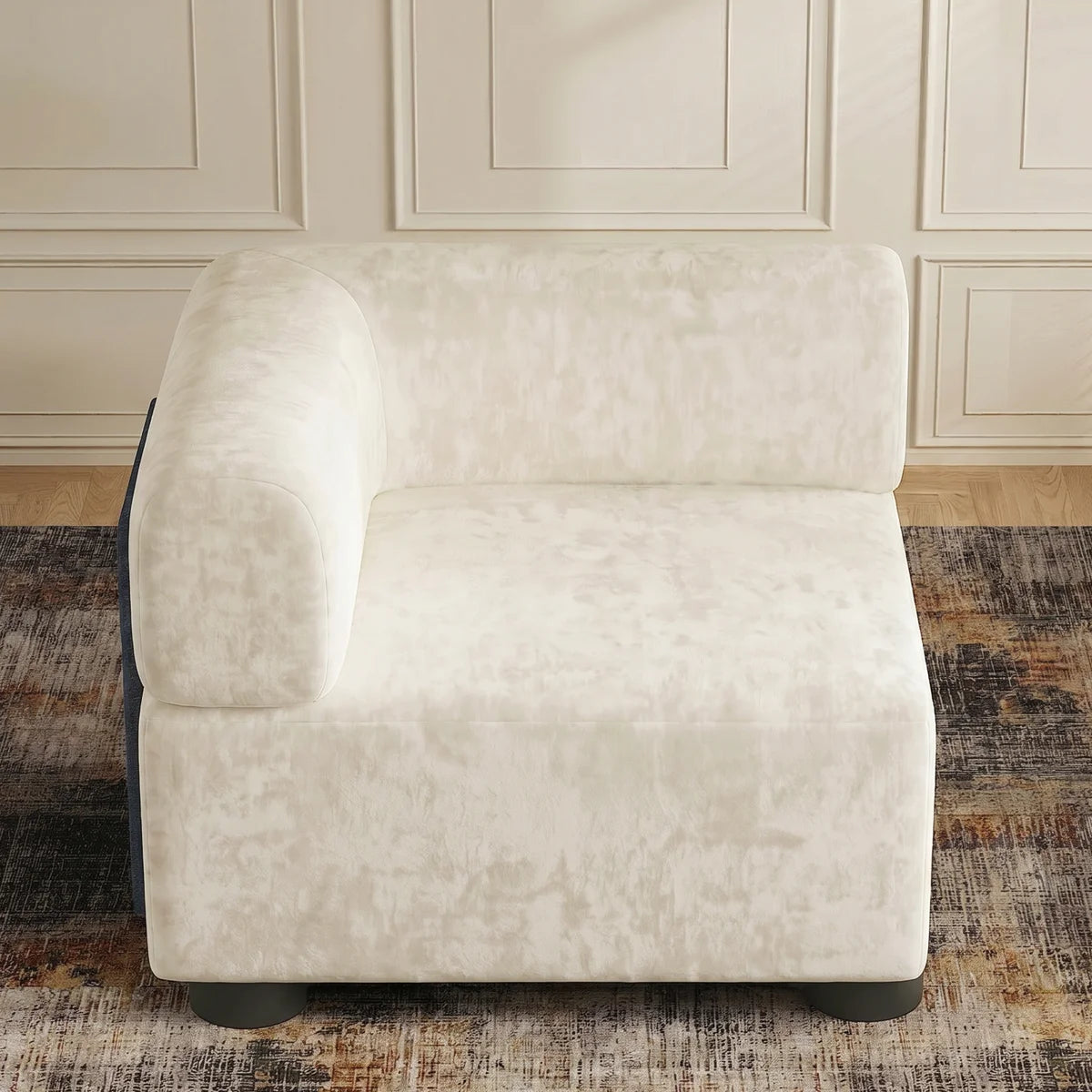 Henrietta Cream Chenille Corner Chair with Navy Cushion Supports