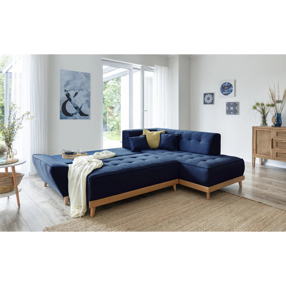 Buttercup 6 Seat Navy Linen Right Chaise Corner Sofa Bed