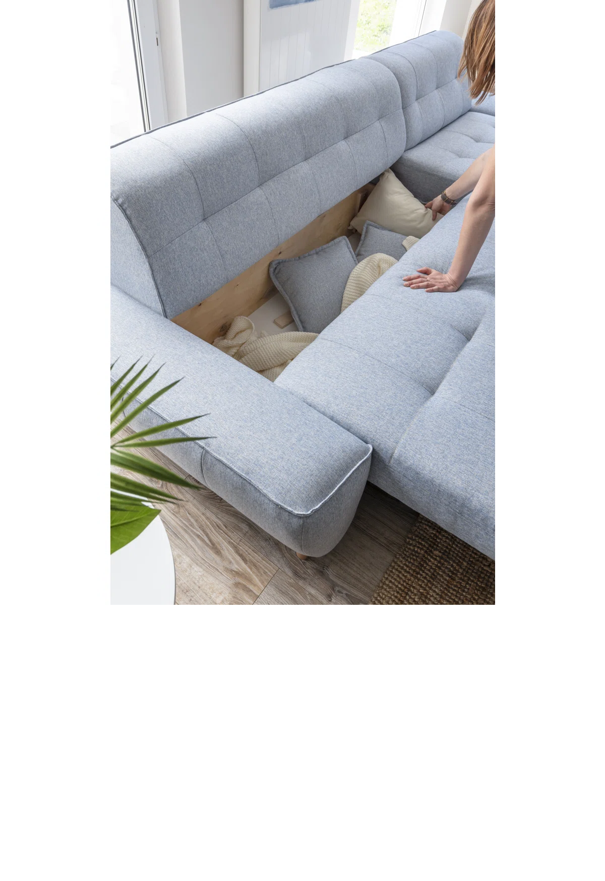 Buttercup 6 Seat Grey Linen Right Chaise Storage Sofa Bed