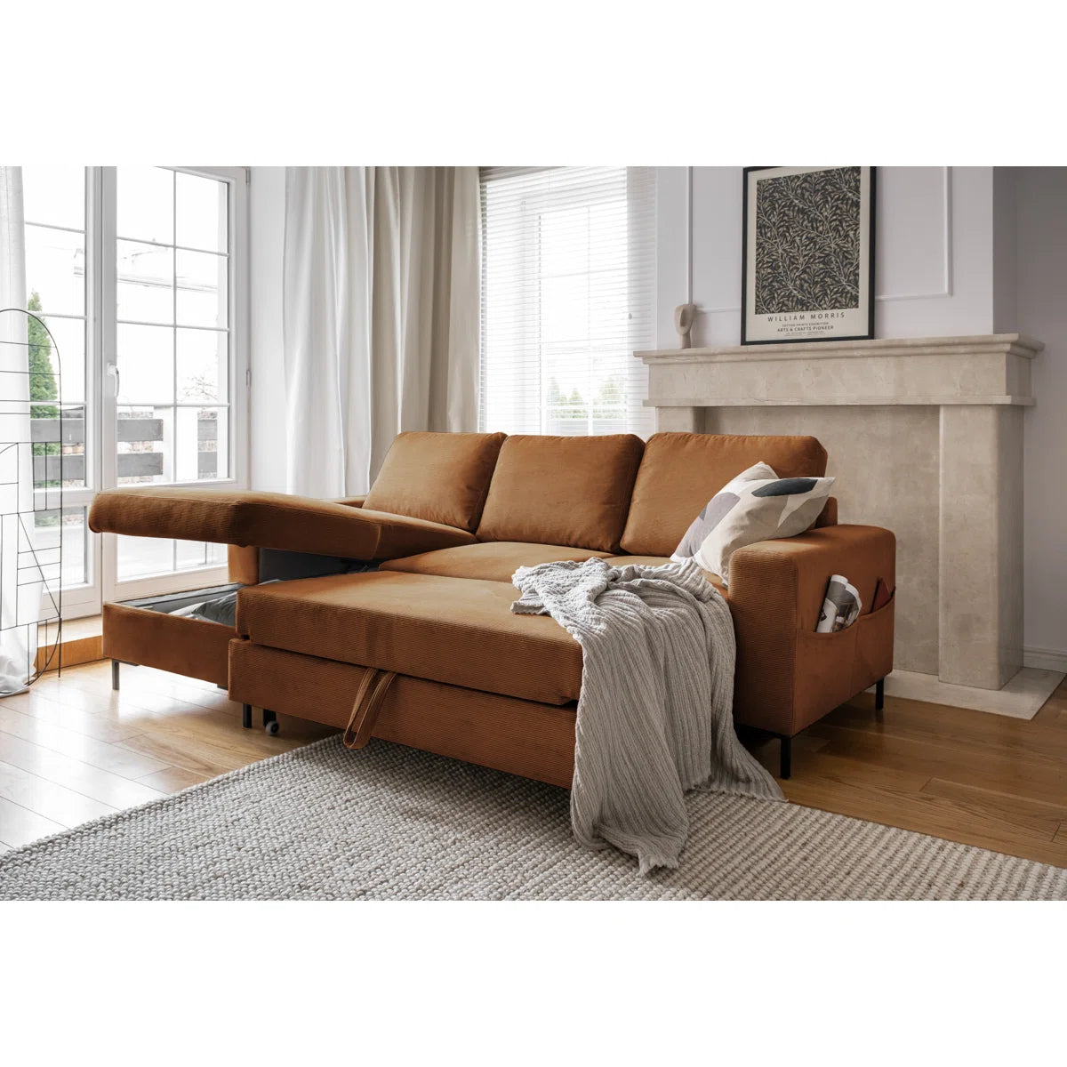 Poppy 4 Seater Burnt Orange Upholstered Left Chaise Storage Sofa Bed