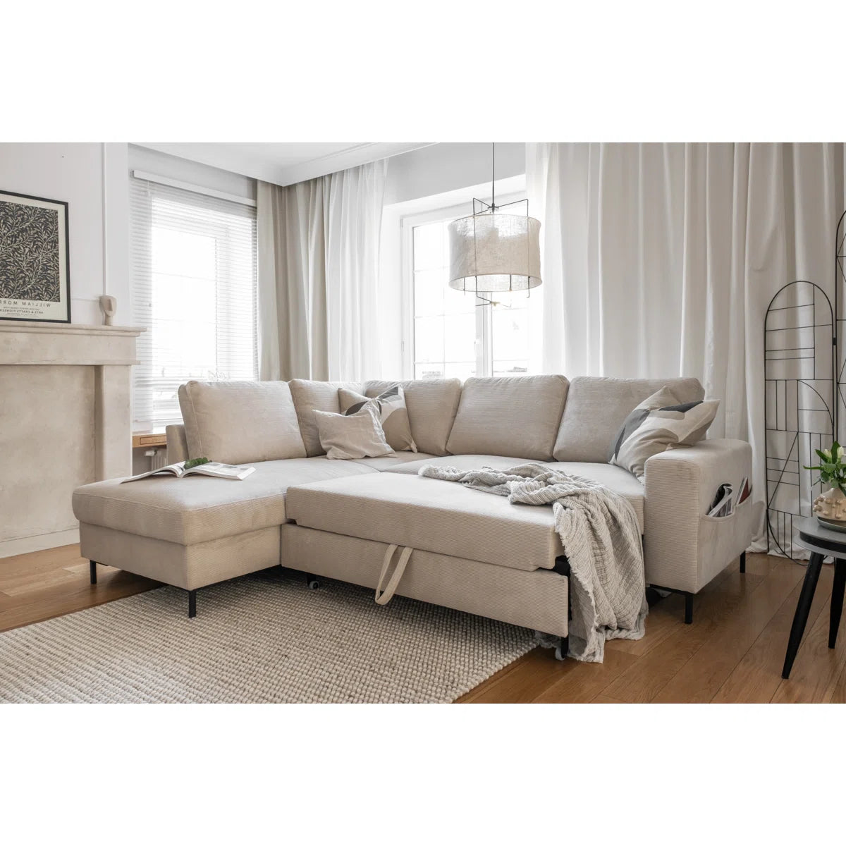 Poppy 6 Seat Left Chaise Beige Upholstered Corner Sofa Bed