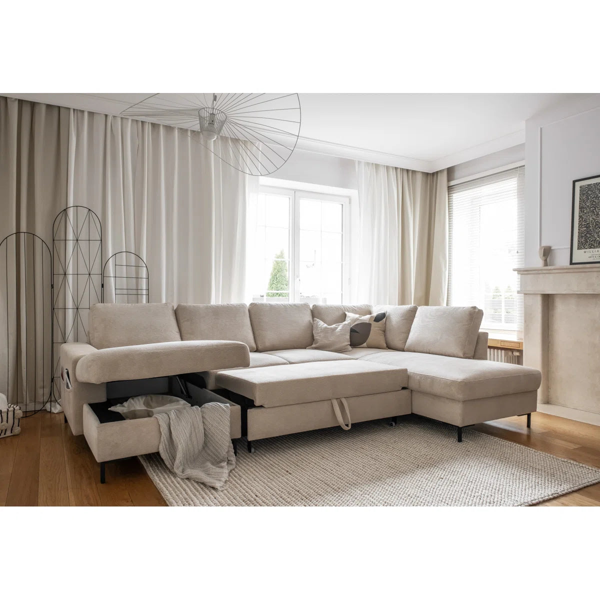 Poppy 8 Seater Beige Upholstered Corner Sofa Bed