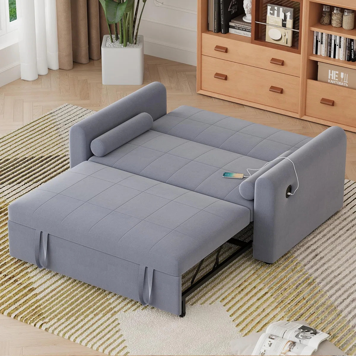 Lowen 2 Seat Grey Linen Sofa Bed with USB Chargers