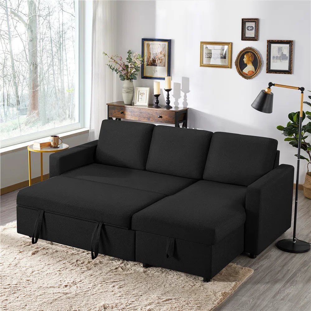Emily Black 3 Seater Upholstered Sofa Bed with Reversible Storage Chaise