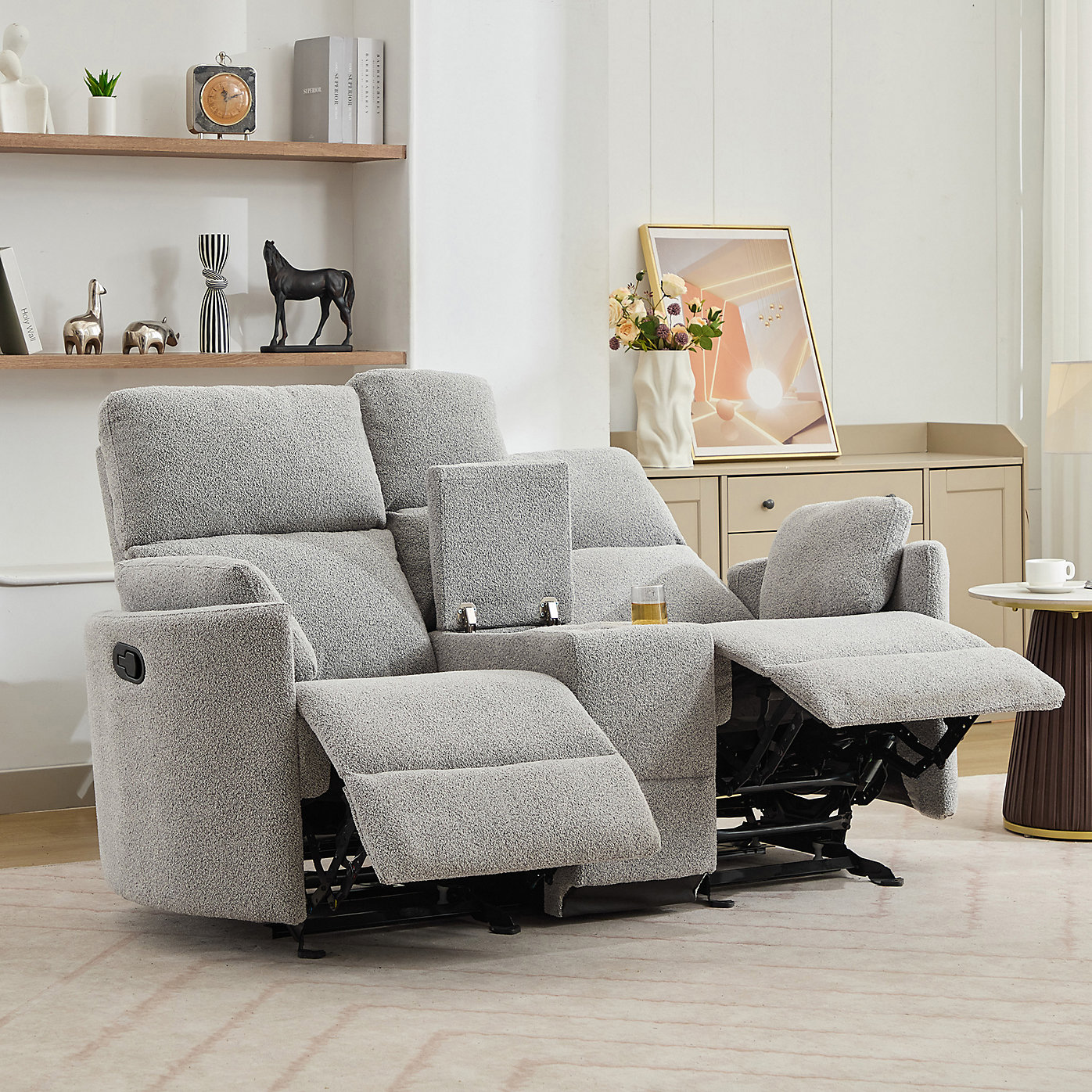 Sandra 2 Seat Light Grey Boucle Manual Rocker Recliner with Centre Storage Console