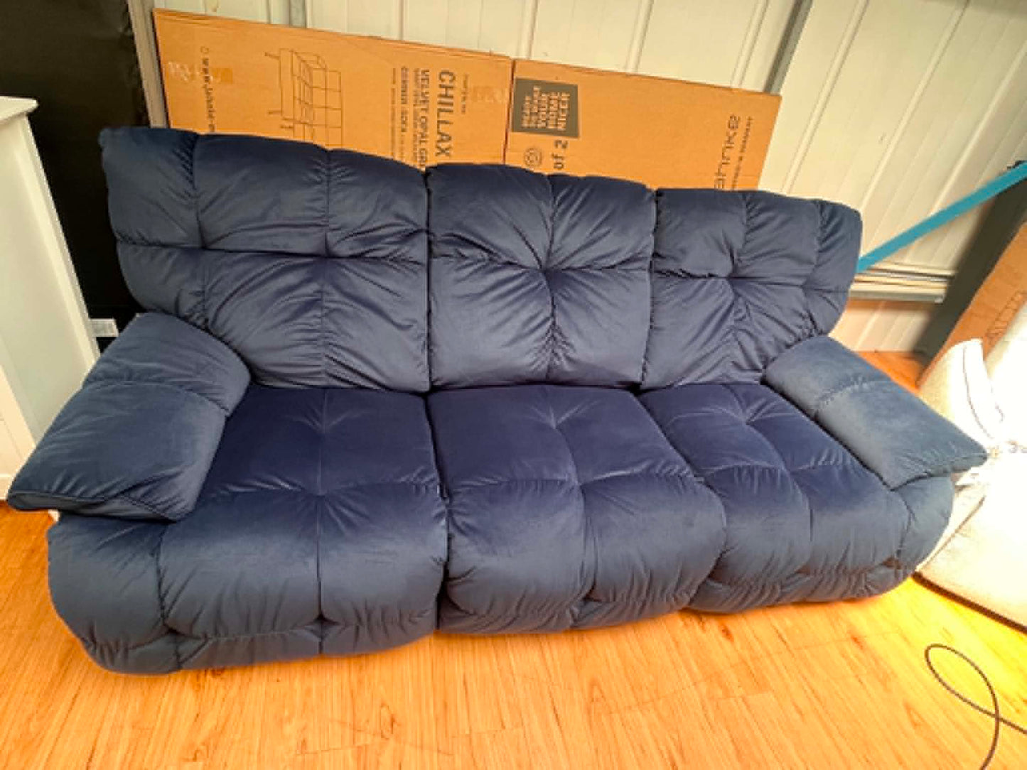Raymond 3 Seat Navy Velvet Electric Recliner with USB Chargers