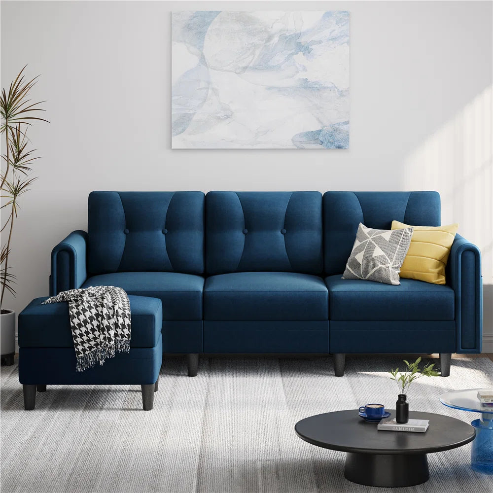 Honour 3 Seat Blue Velvet Sofa & Footstool