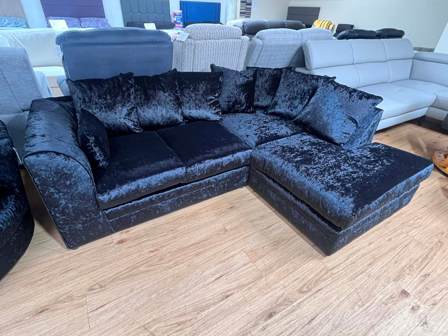 Roman 4 Seat Crushed Velvet Black Corner Sofa