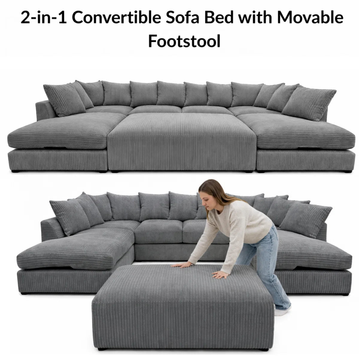 Abby 7 Seat Grey Jumbo Cord U Shape Sofa Bed with Removable Footstool