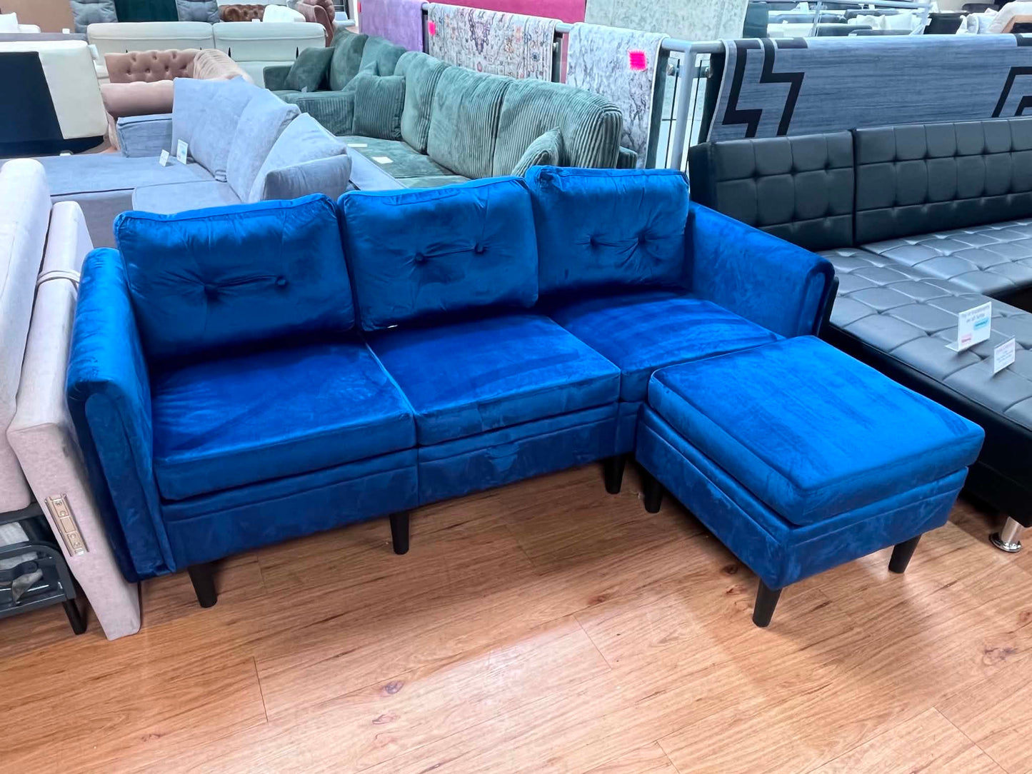 Honour 3 Seat Blue Velvet Sofa & Footstool