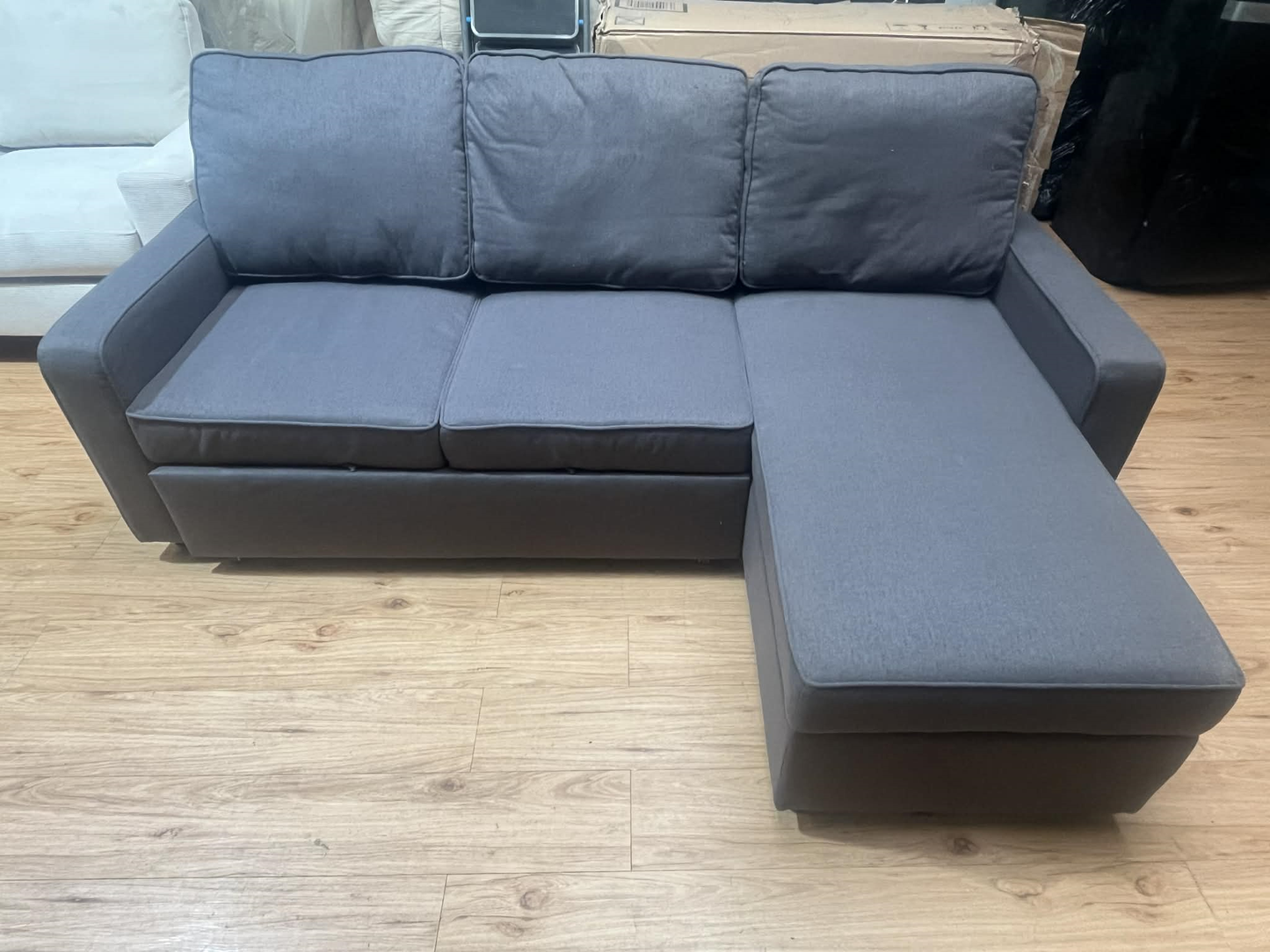 Sabrina 3 Seat Grey Upholstered Sofa Bed with Reversible Storage Chaise