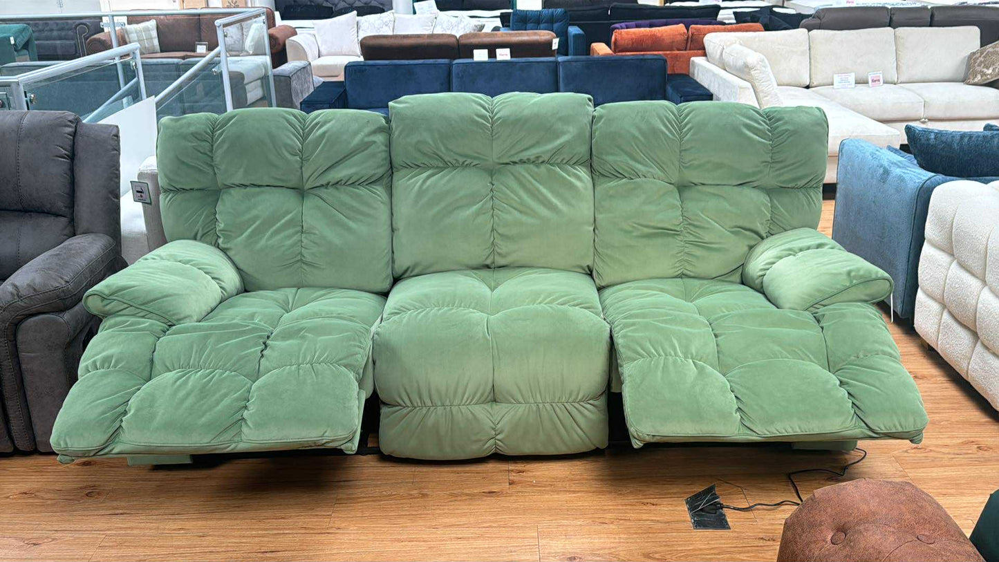 Raymond 3 Seater Lime Velvet Electric Reclining Sofa with USB Port