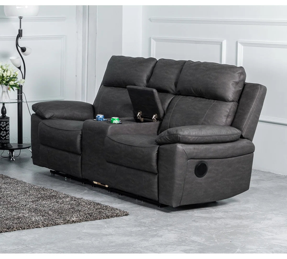 Brandon 2 Seat Grey Faux Leather Electric Recliner Chilled Cup Holders, Centre Console with Bluetooth Speakers & Charging Points