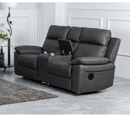 Brandon 2 Seat Grey Faux Leather Electric Recliner Chilled Cup Holders, Centre Console with Bluetooth Speakers & Charging Points
