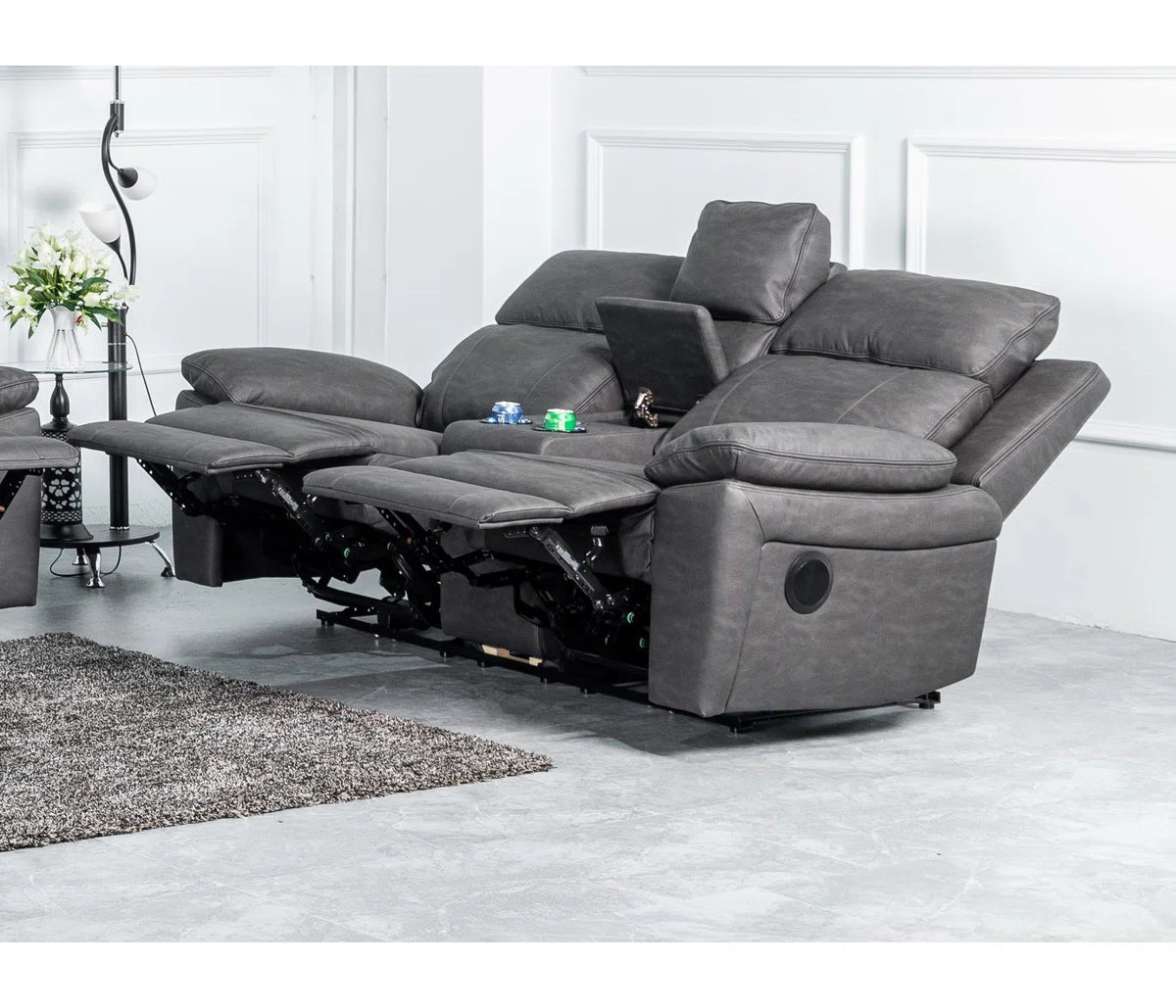 Brandon 2 Seat Grey Faux Leather Electric Recliner Chilled Cup Holders, Centre Console with Bluetooth Speakers & Charging Points