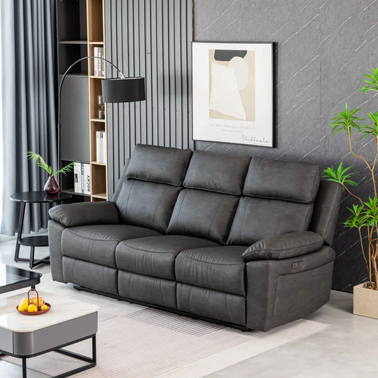 Brandon 3 Seat Grey Faux Leather Electric Recliner. Adjustable Reclining Headrests, Centre Console with Cup Holders & Charging Points