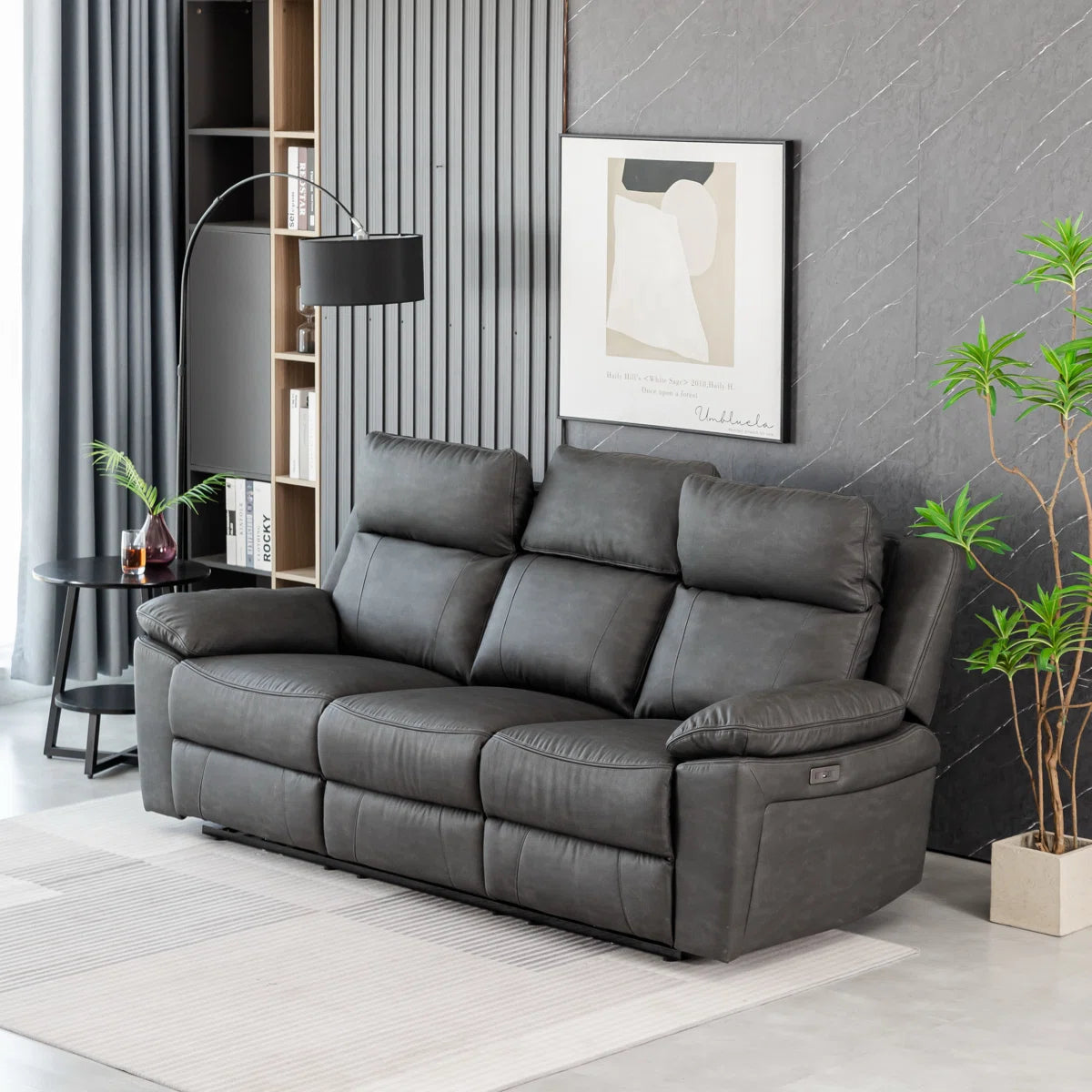 Brandon 3 Seat Grey Faux Leather Electric Recliner. Adjustable Reclining Headrests, Centre Console with Cup Holders & Charging Points