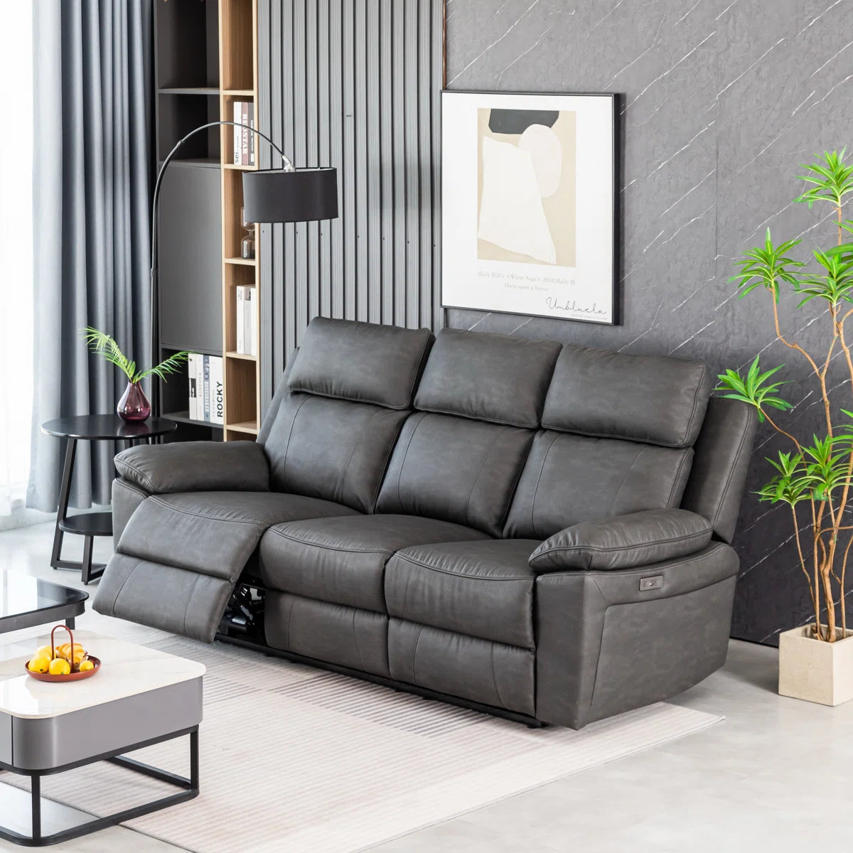 Brandon 3 Seat Grey Faux Leather Electric Recliner. Adjustable Reclining Headrests, Centre Console with Cup Holders & Charging Points