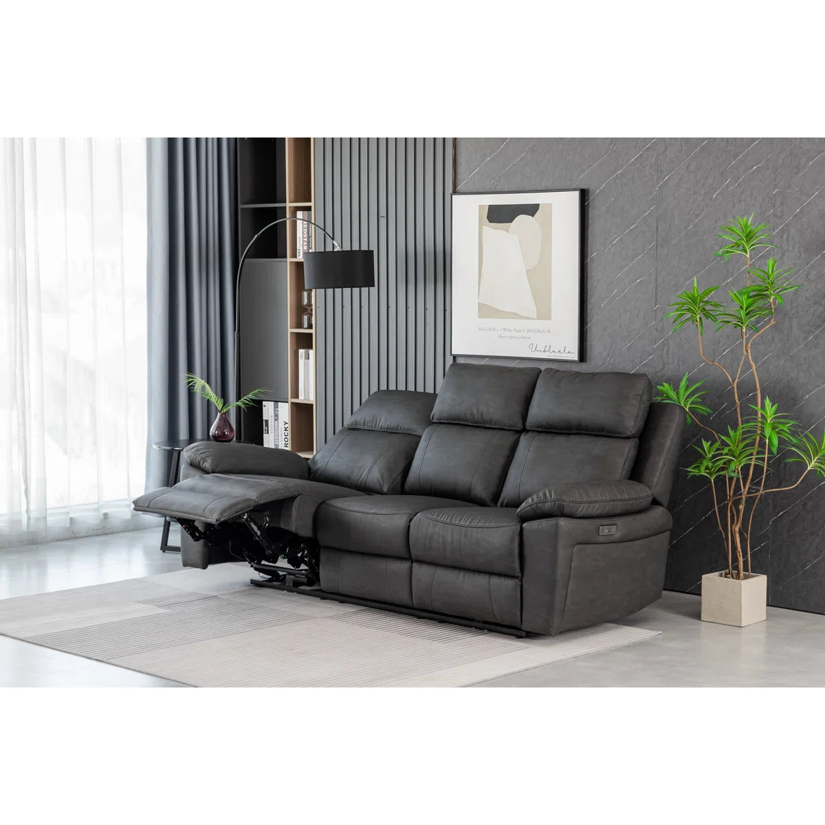 Brandon 3 Seat Grey Faux Leather Electric Recliner. Adjustable Reclining Headrests, Centre Console with Cup Holders & Charging Points