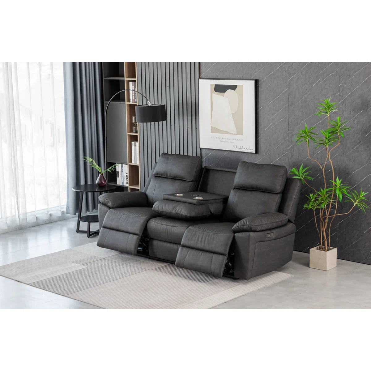 Brandon 3 Seat Grey Faux Leather Electric Recliner. Adjustable Reclining Headrests, Centre Console with Cup Holders & Charging Points