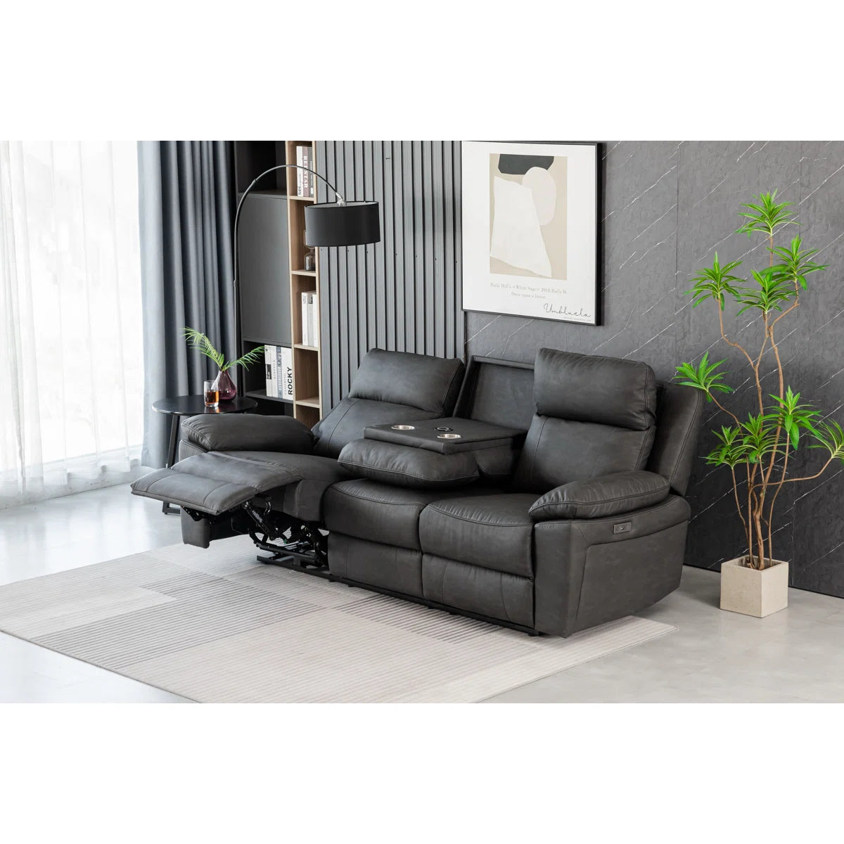 Brandon 3 Seat Grey Faux Leather Electric Recliner. Adjustable Reclining Headrests, Centre Console with Cup Holders & Charging Points