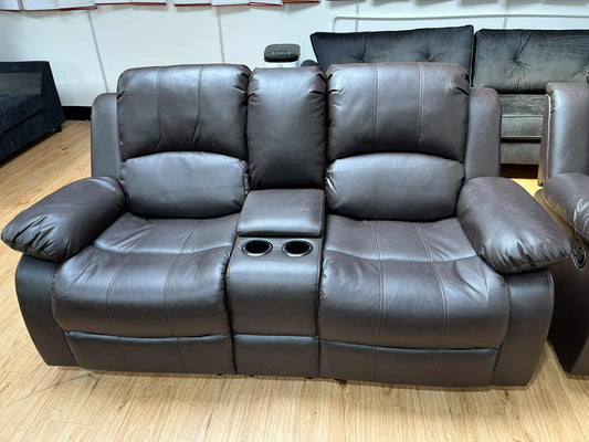 Haden Brown Faux Leather 2 Seater Manual Reclining Sofa with Storage Arm Cup Holders