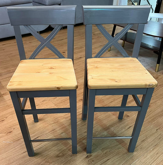 Pair of Grey Solid Pine Solid Bar Stools