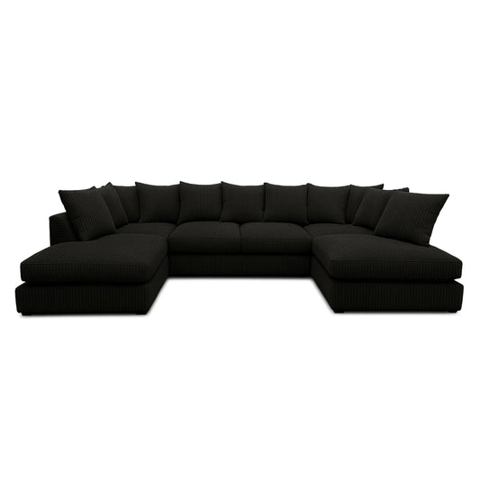 Isaac 5 Seat Black Jumbo Cord U-shape Sofa & Footstool