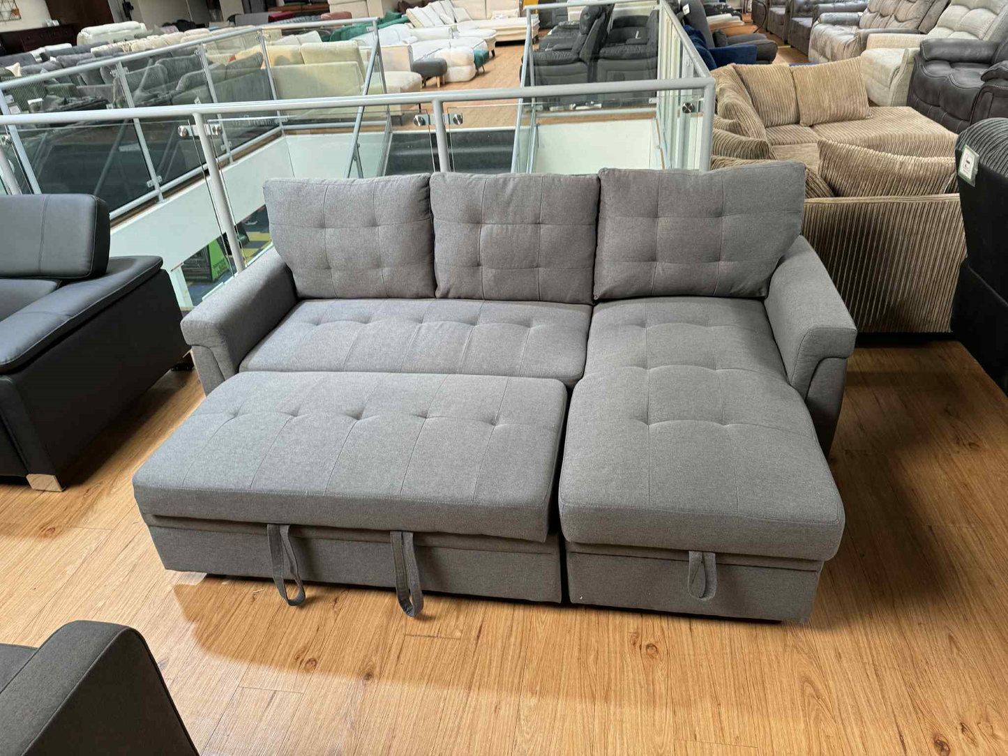 Bella 3 Seat Grey Upholstered Reversible Sofa Bed with Storage Chaise