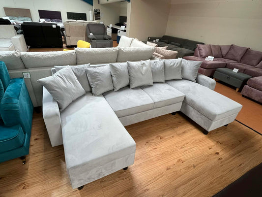 Leslie 5 Seat Light Grey Velvet U Shaped Sofa