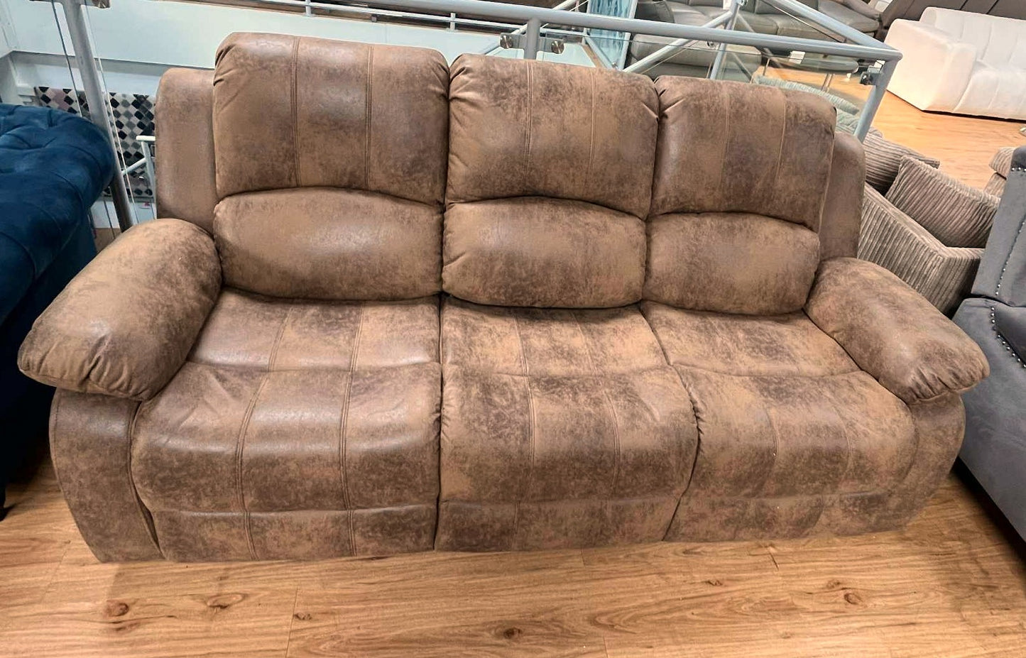 Soloman Brown Suede 3 Seater Reclining Sofa with Cup Holders, USB & Plug Points
