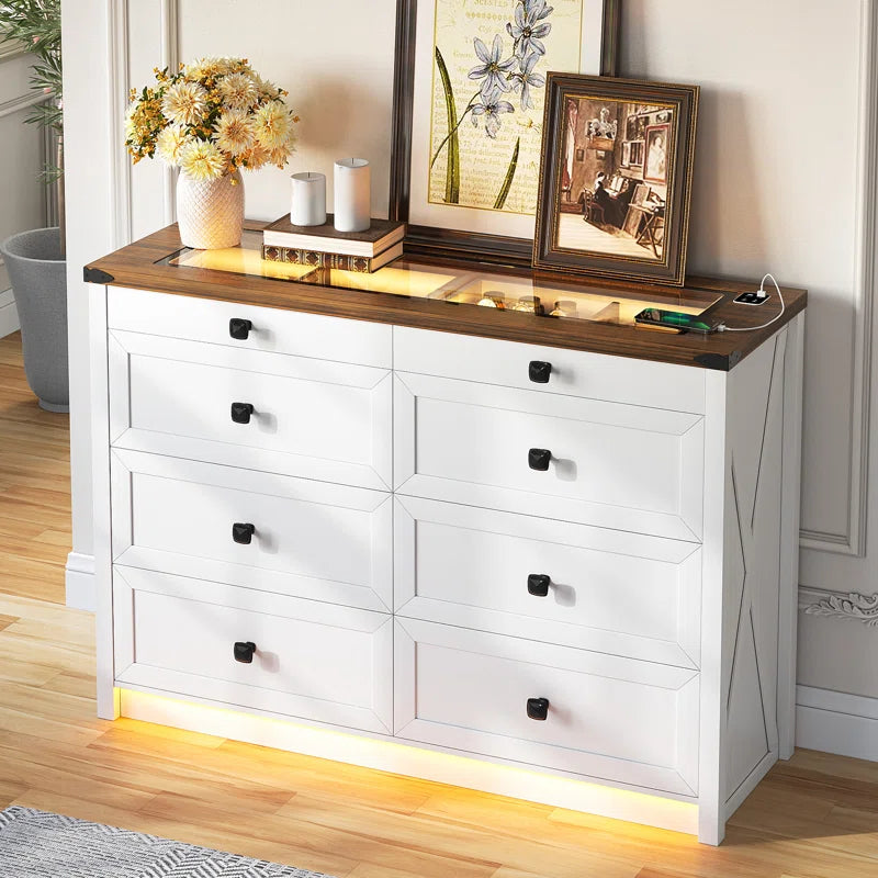 Myriad 6 + 2 Drawer White Chest with Tempered Glass Top Display Drawers, Colour Changing LED Lights, USB Charger