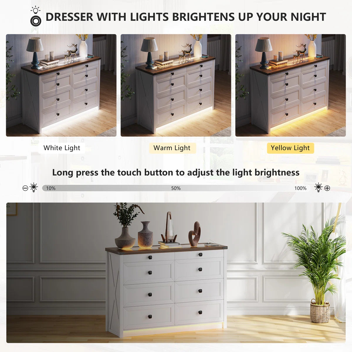 Myriad 6 + 2 Drawer White Chest with Tempered Glass Top Display Drawers, Colour Changing LED Lights, USB Charger