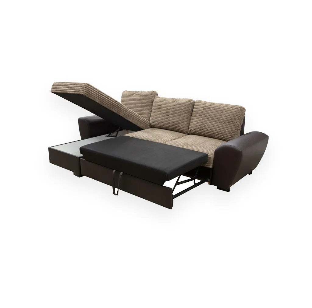 Beedle Brown Faux Leather Brown Jumbo Cord Corner Storage Sofa Bed