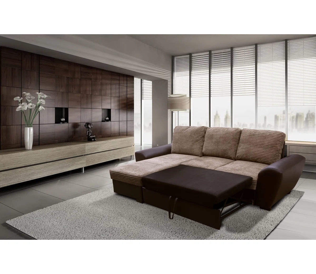 Beedle Brown Faux Leather Brown Jumbo Cord Corner Storage Sofa Bed