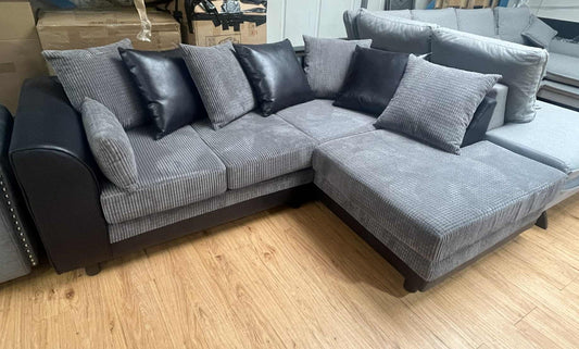 Alison 4 Seater Black & Grey Jumbo Cord & Faux Leather Corner Sofa