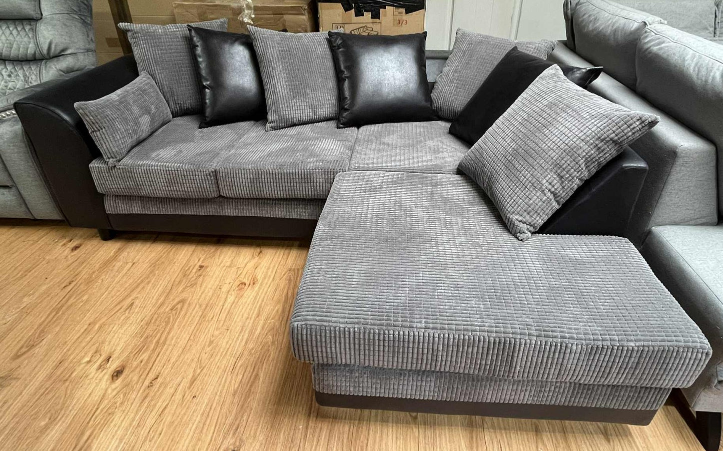 Alison 4 Seater Black & Grey Jumbo Cord & Faux Leather Corner Sofa