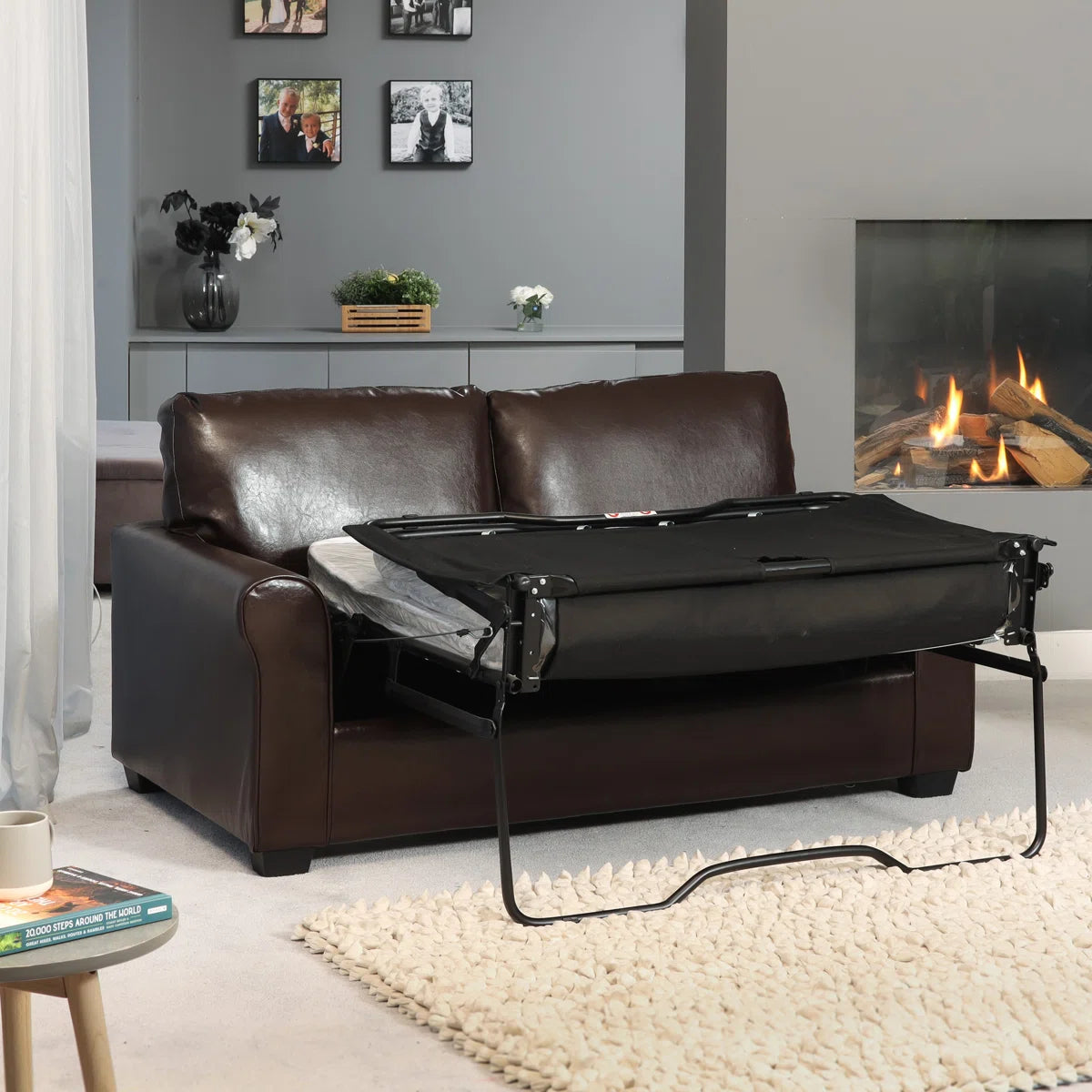 Alexis 2 Seat Brown Faux Leather Fold Out Sofa Bed