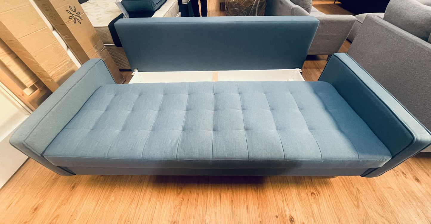 Ashton 3 Seater Blue Linen Lift Out Sofa Bed with Storage Base