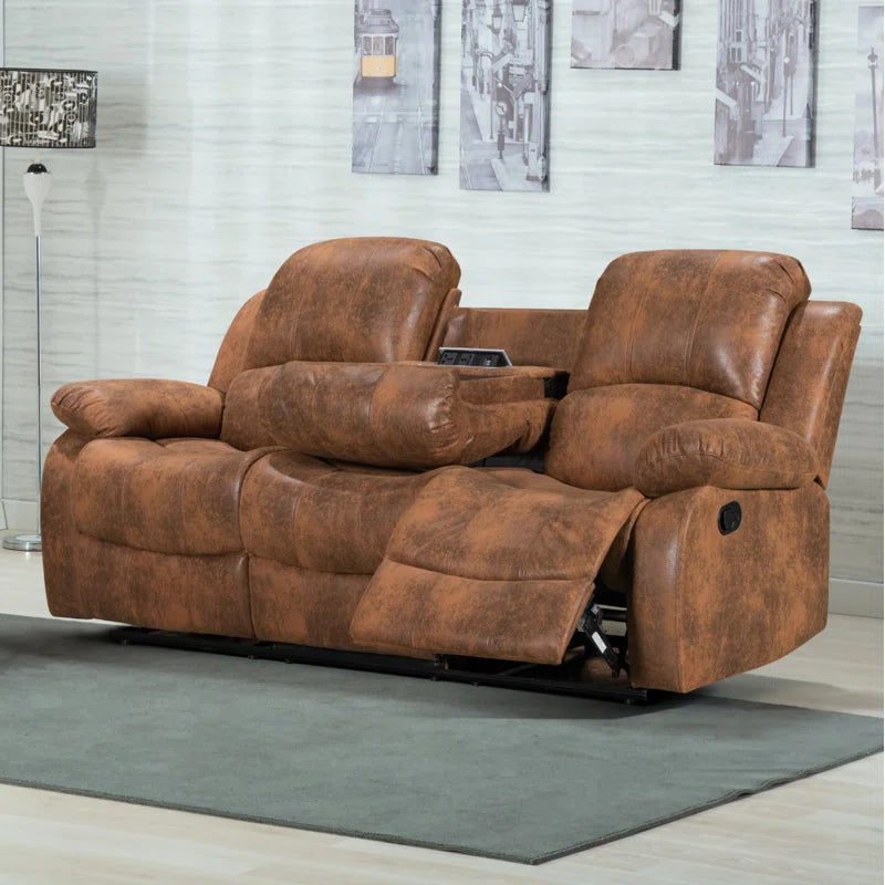 Soloman Brown Suede 3 Seater Reclining Sofa with Cup Holders, USB & Plug Points